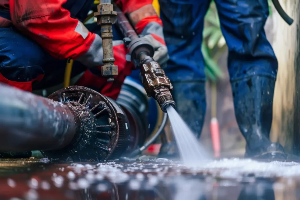 a plumber using a hydro jet to clean a clogged pipe